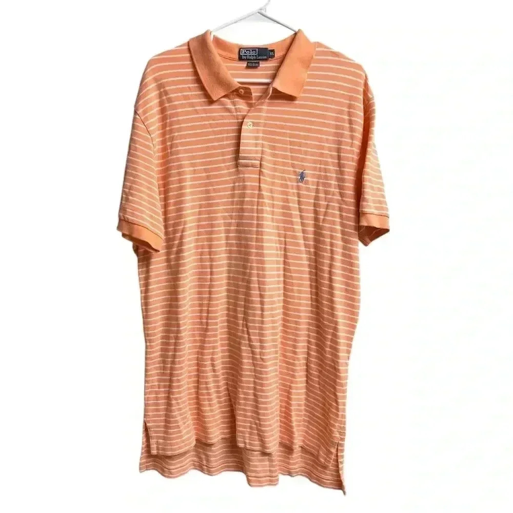Polo by Ralph Lauren Men's Peach White Stripes Polo Embroidered Blue Logo XL